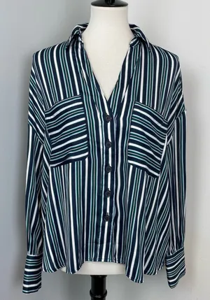 Free People Mad About You Striped Satin Button Down Shirt Small thumbnail 1