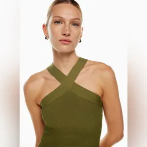 Aritzia Babaton‎ Fem Green Sculpt Knit Criss Cross Ribbed Halter Dress Size 2XL thumbnail 7
