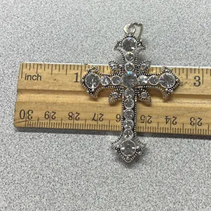 Silver Tone Cross Rhinestone Ornate Pendant Necklace Statement Religious Faith thumbnail 6