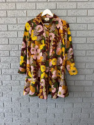 Tuckernuck Retro Floral Crepe Callahan Shirt Dress Brown Yellow Pink XXL 2X thumbnail 4