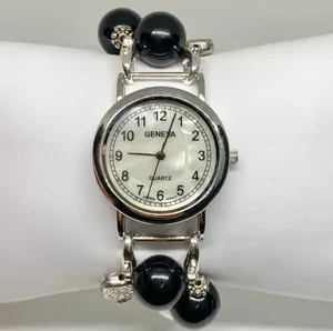 Geneva women’s beaded bracelet watch silver tone 33mm mop dial Quartz running thumbnail 1