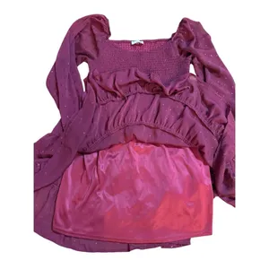 Altar’d State Women’s Vibrant Burgundy Babydoll Tiered Long Sleeve Dress Sparkle thumbnail 8