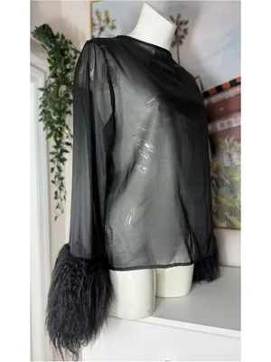 Shein Black Sheer Mesh Faux Fur Cuff Long Sleeve Blouse Keyhole Back Size XL 12 thumbnail 5