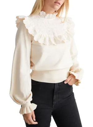 & Other Stories Sweater Cream Eyelet Lace Ruffle Bib Balloon Sleeve Paris Top thumbnail 1