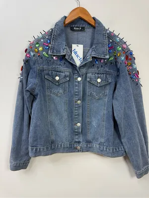 Blue B Collection Denim Jacket with Colorful Rhinestones and Spikes, Size M thumbnail 3