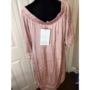 Women's Love Fire Satin Off Shoulder Mini Dress W Quarter Bow Sleeves Med Pink thumbnail 3