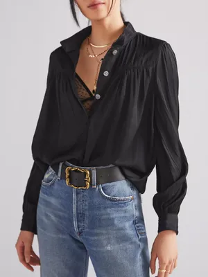 Anthropologie Black V-Neck Gathered Long-Sleeve Relaxed Henley Blouse L thumbnail 1