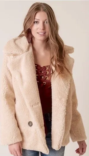 Free People Notched Teddy Sherpa Oversized Peacoat in Oatmeal Size XS thumbnail 1
