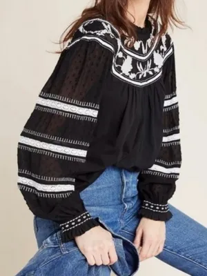 Maeve Anthropologie Winona Lace Embroidered Top Blouse Black White Size Small thumbnail 2