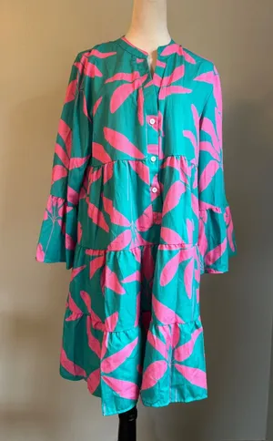 Teal Hot Pink Tropical Leaf Tiered Babydoll Dress Bell Sleeve resort beach xxl thumbnail 1