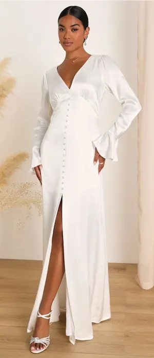 Lulus Elegant Celebration White Satin Long Sleeve Slip Maxi Dress thumbnail 1