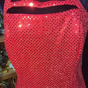 Sexy Retro Vintage 90s Red Sequin Floor Length Formal Gown Halter Neck Leg Slit thumbnail 5