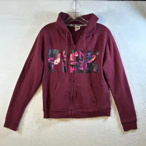 PINK Victoria's Secret‎ Burgundy Floral Logo Zip Up Hoodie Sweatshirt Size S thumbnail 1