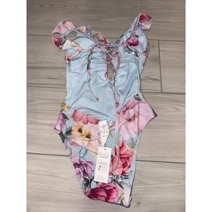 Cupshe Floral Ruffle One Piece Swimsuit Blue Pink Lace Up V-Neck Small NWT thumbnail 3