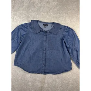 Audrey Lane brand denim blouse‎ collared puff sleeve L thumbnail 2