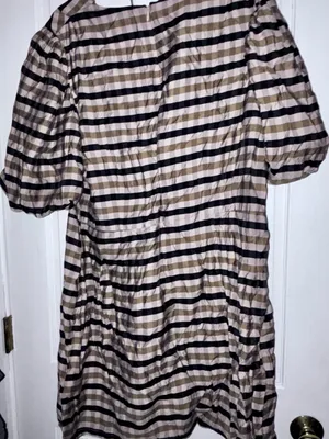 H&M Beige & Black Plaid Midi Dress with Puff Sleeves thumbnail 2