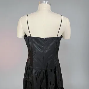 Niki By Niki Livas Vintage 80s Black Spaghetti Strap Crinkle Taffeta Tiered A Line Dress thumbnail 9
