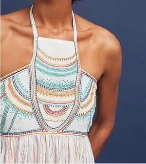 Anthropologie Floreat Ivory Itzel Halter Embroidered Babydoll Tank Top Size 4 thumbnail 3