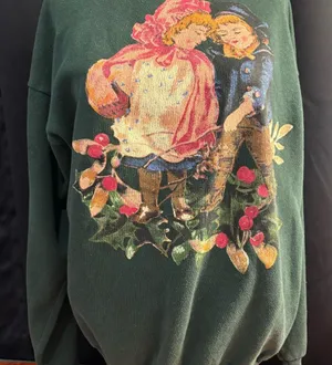 Vintage BJ Designer Victorian Children Christmas Sweatshirt Green XL thumbnail 1