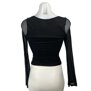 Princess Polly Women's Black Sheer Mesh Long Sleeve Tie Neck Crop Blouse Top 2 thumbnail 4