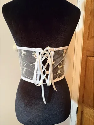 White Sheer Mesh Floral Lace-Up Boned Corset Top with Embroidered Lace thumbnail 3