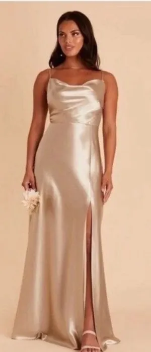 Birdy Grey NWT Lisa Long Shiny Satin Dress Neutral Champagne Size M thumbnail 1