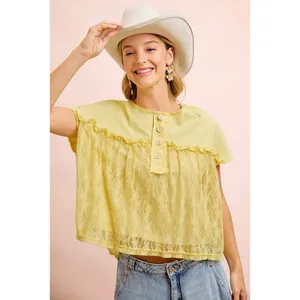 BiBi Solid Jersey With Lace Combo Ruffled Buttoned Top thumbnail 6