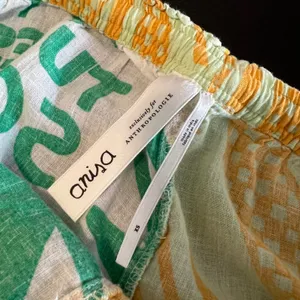 Anisa Anthropologie Soleil Wide Leg Sun Print Tassel Pants Green Yellow XS thumbnail 8