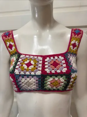 Farm Rio Anthropologie Crochet Cropped Granny Square Pullover Top Shirt XS thumbnail 2
