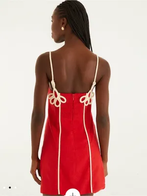 FARM Rio Piped Linen Red Mini Dress with Cream Trim size Medium thumbnail 2