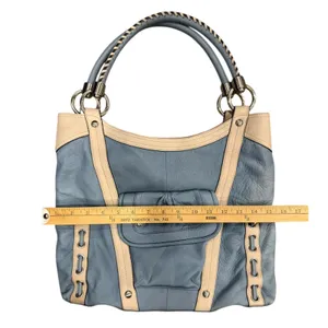 B. Makowsky Blue and Cream Shoulder leather laptop message Bag leopard lining thumbnail 7