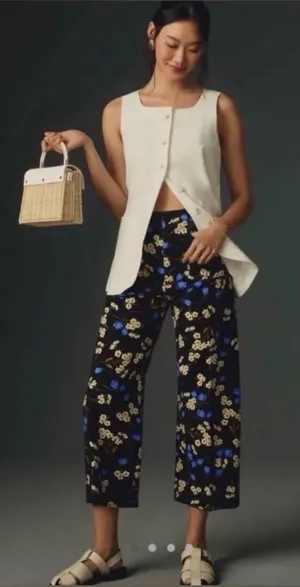 Maeve Anthropologie Colette Black Floral Wide Leg Crop Pants Size 28 thumbnail 1