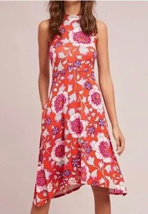 Maeve Anthropologie Clearly Floral Sleeveless Asymmetrical Dress Red Medium thumbnail 1