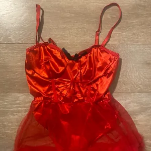 Little red riding Devil lace up corset bodysuit sheer feather skirt bra lingerie set S NEW thumbnail 2