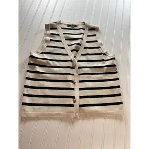English Factory Striped Knit Vest Cream Black Gold Button V-Neck Large thumbnail 2