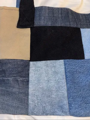 Denim Tote Bag Made Up Of All Different Swatches Of Denim Pocket On The Outside thumbnail 4