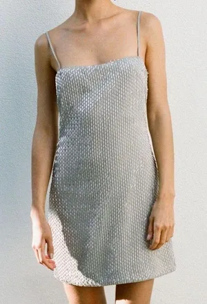 NWT Zara Silver Beaded Mini dress with adjustable Straps and Zipper closure thumbnail 1