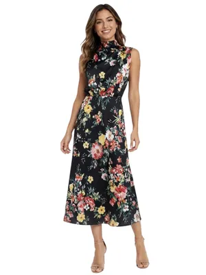 Maurices Black Floral Funnel Neck Satin Midi Dress Size Medium thumbnail 12