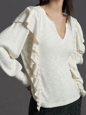 Anthropologie Pilcro Cozy Ruffle Popover Top Long Sleeve V-Neck Ivory Cream XL‎ thumbnail 7