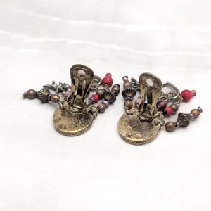 Vintage Clip On Earrings Statement Dark Gold Tone with Charms & Red/Brown Beads thumbnail 4