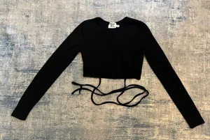 Princess Polly Black Ribbed Knit Long Sleeve Cropped Open Back Tie Waist Top US2 thumbnail 1