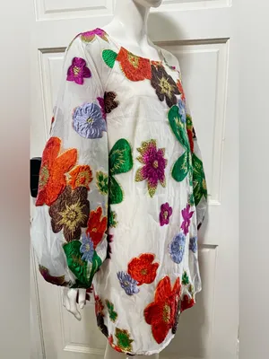 En Crème Floral Organza Bubble Sleeve Mini Dress long sleeve womens Sz Medium thumbnail 4