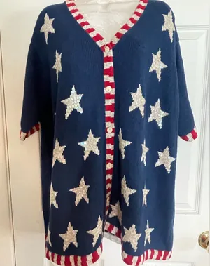 Quacker Factory Navy Cardigan with‎ Red and White Patriotic Accents thumbnail 1