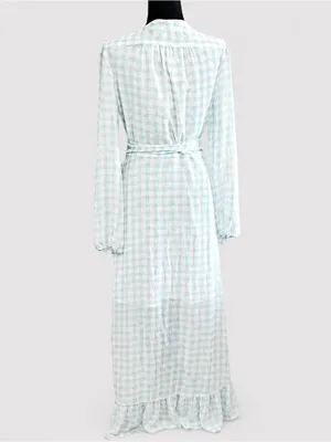 WAYF Blue White Gingham Wrap Ruffle Hi Low Midi Dress NWT M Cottagecore thumbnail 9