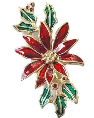 Vintage Costume Jewelry Brooch Red Green POINSETTIA Holiday Xmas Enamel thumbnail 1