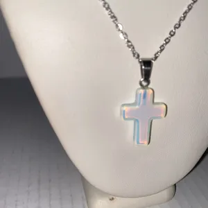 Women's Faux Iridescent Opal Cross Silver-Tone Fashion Necklace thumbnail 3