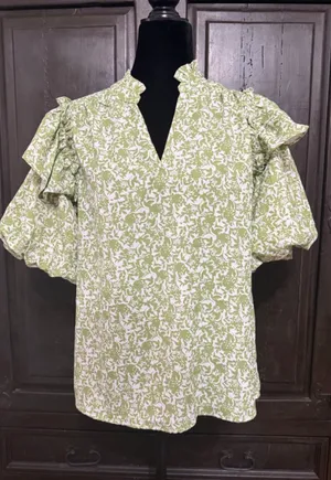Green & white floral Boho Blouse with ruffled Puff sleeves- Size Medium. ***Refer to measurements. Gently warn and excellent condition. Measurements approximately 21” x 24” long. Material is 100% polyester. Non-smoking home . Priced at as is condition. Don’t like my price make a reasonable offer! And thank you for checking my closet! thumbnail 1