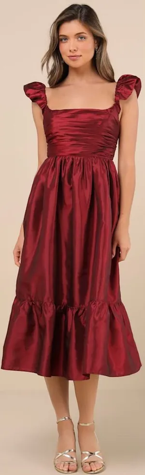 Lulus Poised Passion Wine Red Taffeta Pleated Ruffled Midi Dress Size XS formal thumbnail 1