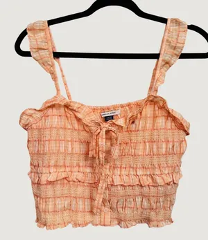 274 | American Eagle Women Small Plaid Smocked Ruffle Crop Tank Top‎ Orange thumbnail 1