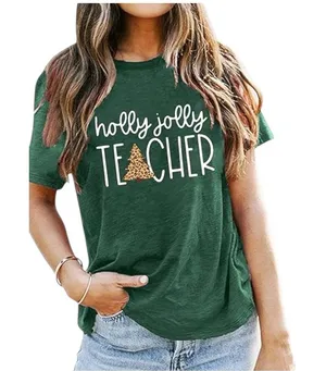 Holly Jolly Teacher Graphic T-Shirt Womens Large Green‎ Christmas Tee Leopard thumbnail 1